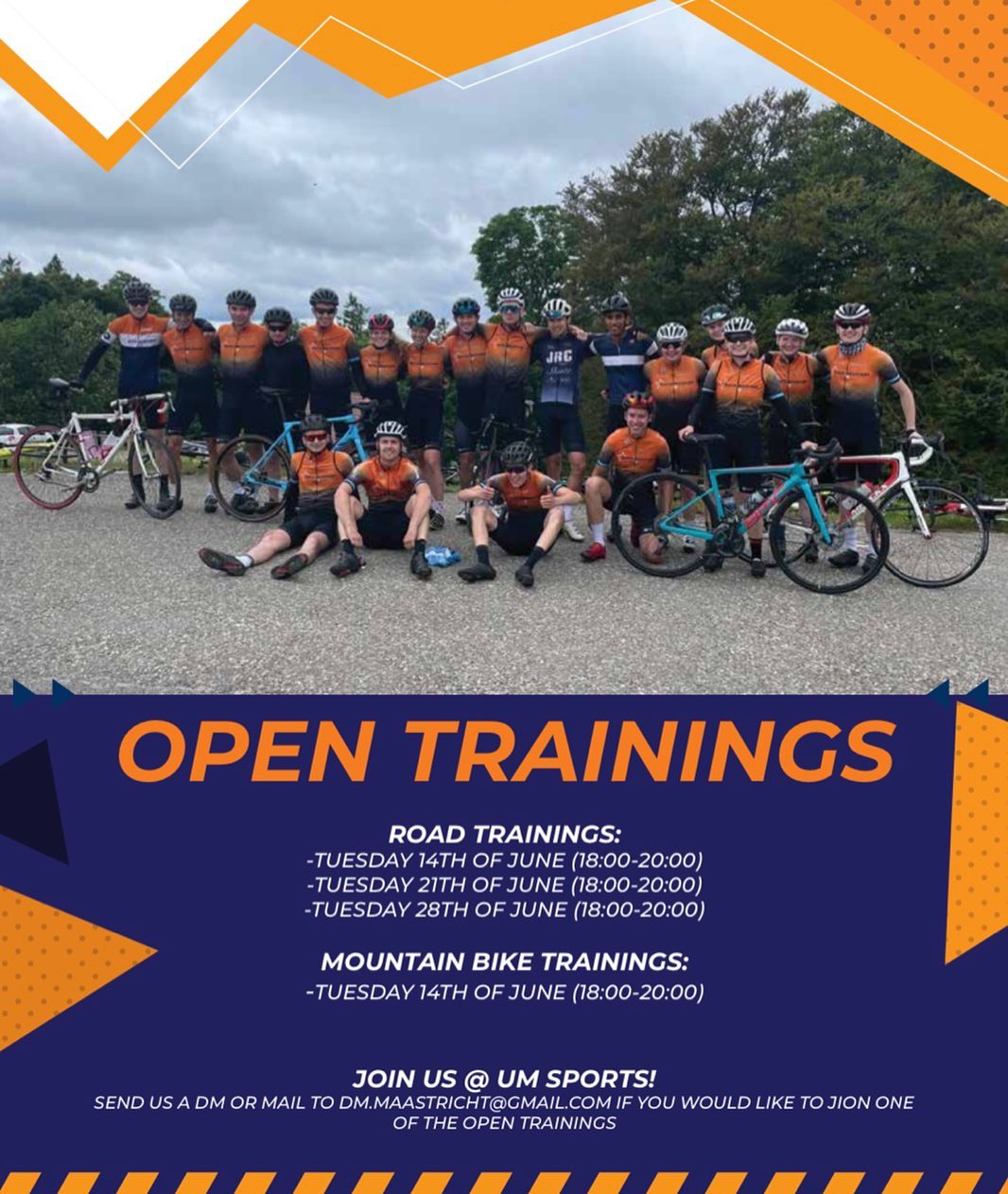 We have planned already some open trainings for people who would like to try out!
We will meet at UM sports at 18.00h. We have road cycling trainings, but also a MTB training.
Come and ride with us! 🧡🤩💙